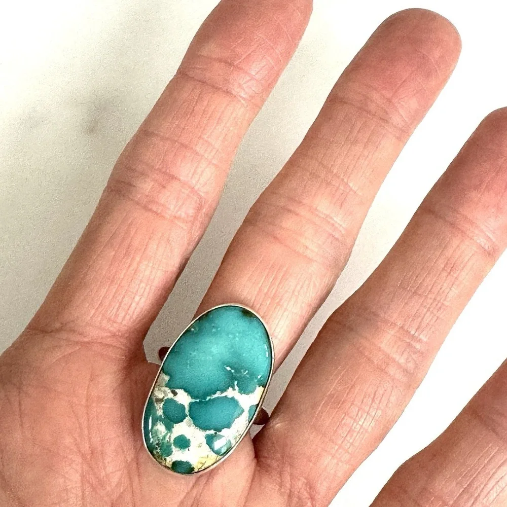 Navajo Sonoran Gold Turquoise Ring Sz 8.5 Signed Alan Lee Sterling Modern Native